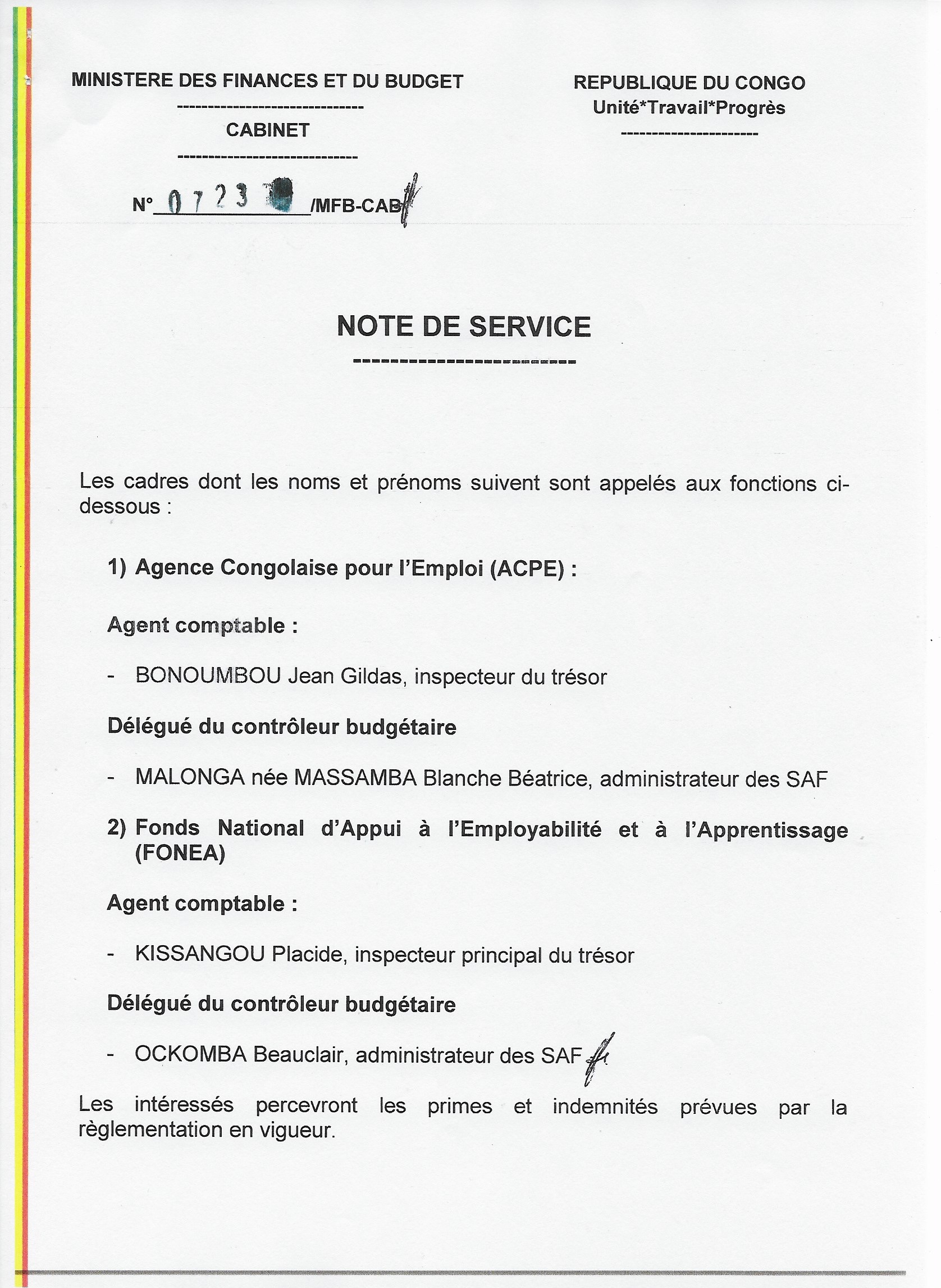 Note de service n°723/MFBCAB relative aux nominations à la Direction
